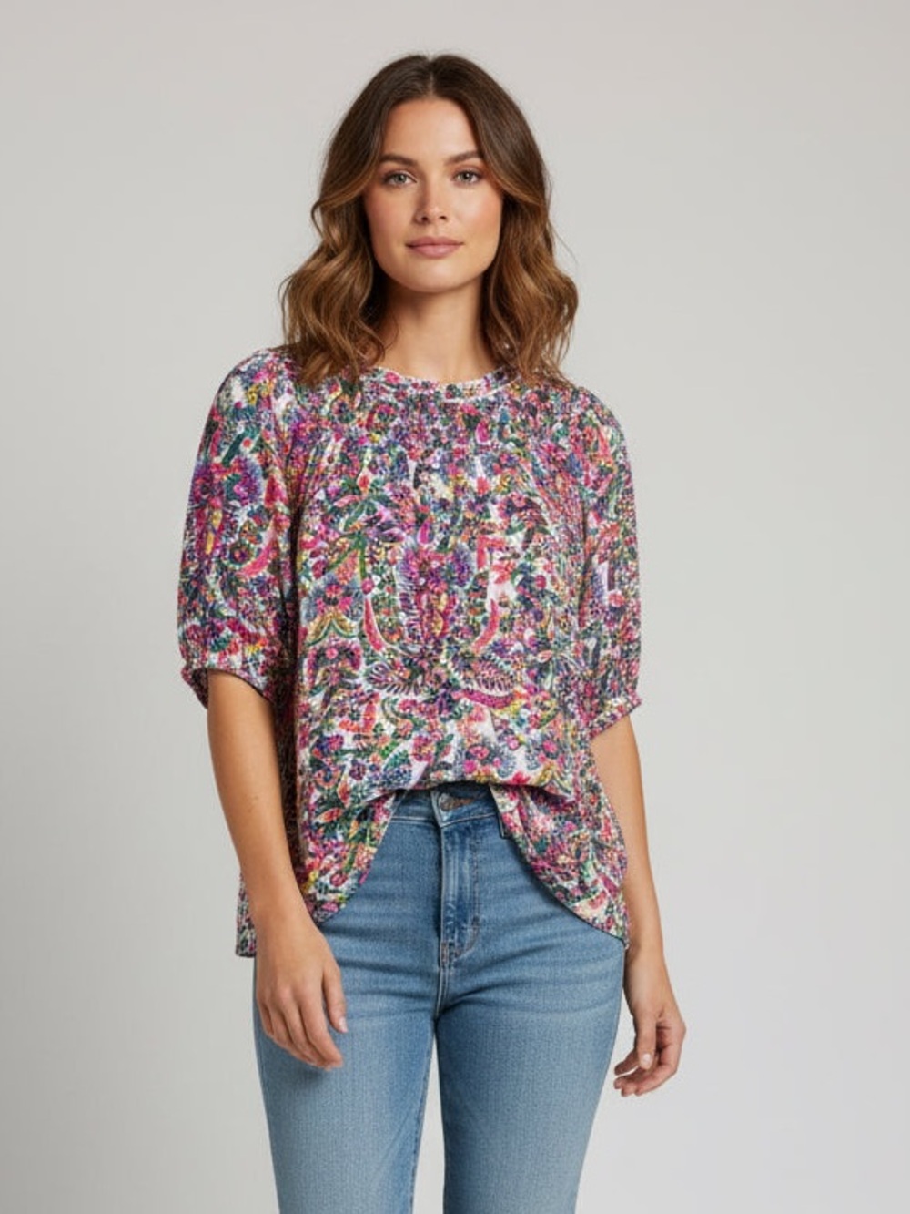 intro. Floral Smocked-Neck Puff Sleeve Blouse - Pink Multi